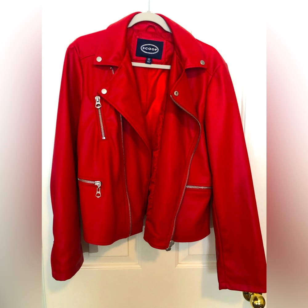 SCOOP: NWOT- 100% VEGAN Red Leather Jacket, Size XXL (2X). EUC-NEVER WORN-No Tag